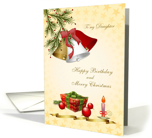 Daughter, Birthday on Christmas card with bells, candle... (718805)