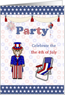 4th of July party invitation - Uncle Sam, stars, stripes and fireworks card
