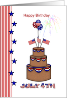 Birthday on the 4th of July - Cake, flags, balloons card