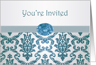 Business Invitation- Damask teal pattern with gemstone picture card