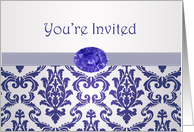 Business Invitation- Damask pattern dark blue with gemstone picture card