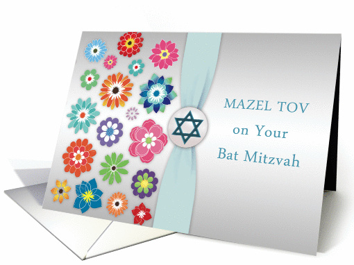 Congratulations Bat Mitzvah - colorful flowers, Star of David card