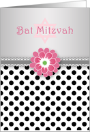 Bat Mitzvah - black white polka dot, pink flower, star of david card