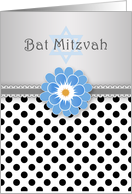 Bat Mitzvah - black white polka dot, blue flower and Star of David card