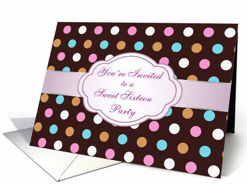 Sweet 16 Party Invitation - Pink, blue, white, brown polka dot card