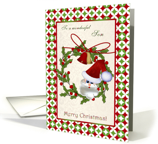 Christmas card for Son - Santa, bells and holly wreath card (865778)