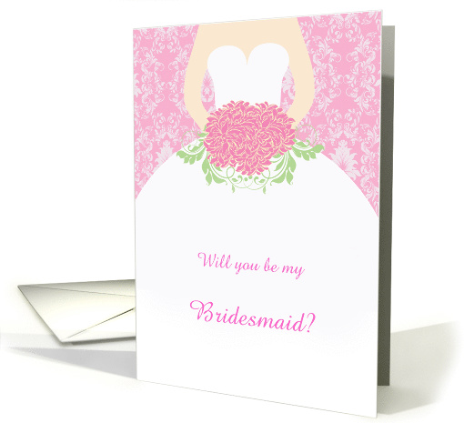 Wedding, Bridesmaid - white gown, flowers on pink damask card (895715)