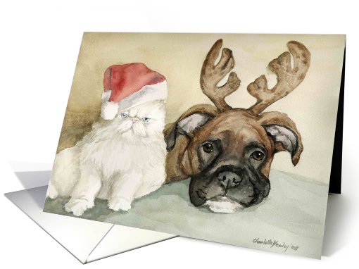 Christmas Boxer and Persian Cat card (485955)