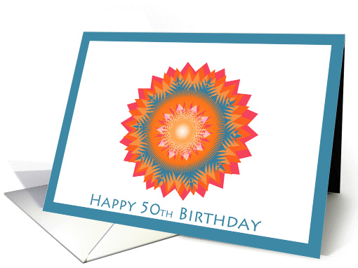 Happy 50th Birthday - star flower in red orange and blue card (842303)