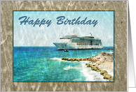 Happy Birthday - ocean view with cruise ship and beach card