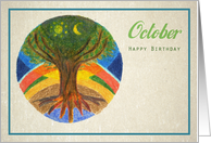 Happy Birthday in October, tree of life illustration card