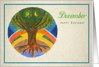 Happy Birthday in December, tree of life illustration card