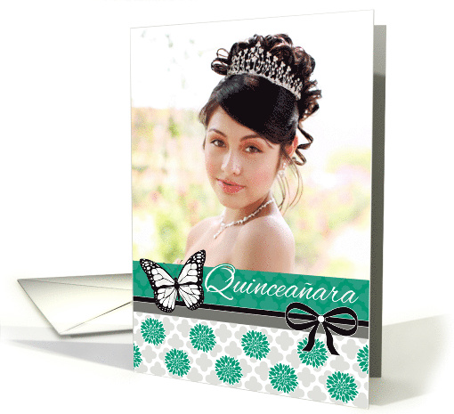 Quinceanara Invitation, Emerald and Cool Gray- Photo card (1120986)
