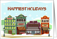 Happiest Holidays with Old Town Scene Illustration and Snow card