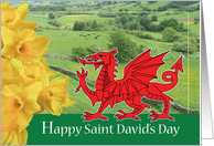 Happy Saint David’s Day with Daffodil and Welsh Flag Scene card