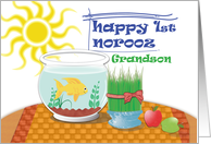 Happy First Norooz to Grandson with fish, wheatgrass and apples card
