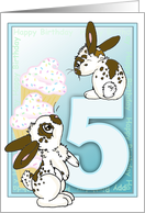 Happy 5th Birthday with Bunnies and Blue Background and Cupcakes card