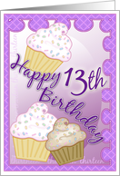 Happy 13th Birthday with Yummy Cupcakes and Purple Design card