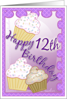 Happy 12th Birthday with Yummy Cupcakes and Purple Design card