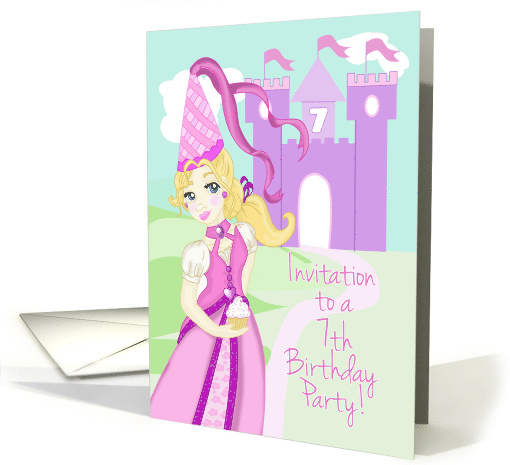 7th Birthday Party Invite with a Pretty Princess and Castle card