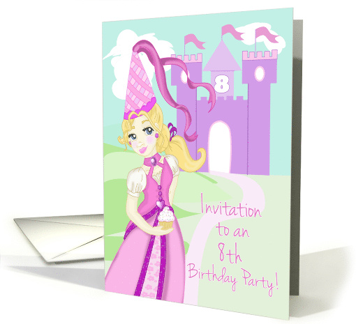 8th Birthday Party Invite with Pretty Princess and Castle card