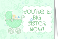 You’re a Big Sister Now New Baby Boy Green with Baby Carriage card