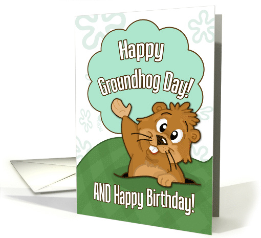 Happy Groundhog Day and Birthday with Cute Groundhog Illustration card