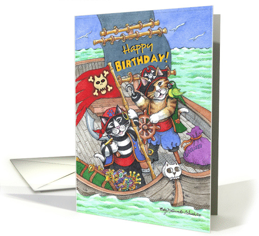 Happy Birthday Pirate Ship Cats Bud and Tony card (1707576)