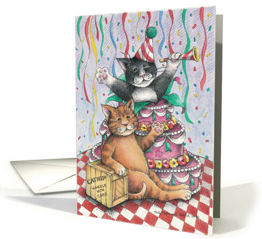 Cat Popping Out Of Cake Birthday (Bud & Tony) card (366840)