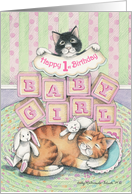 Cats Happy 1st Birthday Girl (Bud & Tony) card