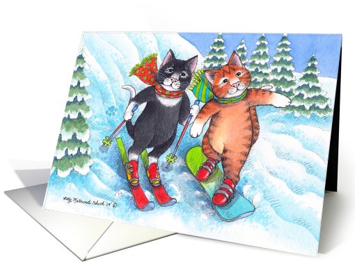 Cats On Skis & Snowboarding Christmas (Bud & Tony) card (486556)