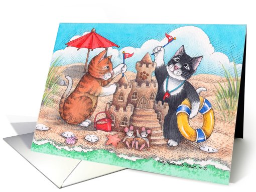 Cats On Beach Birthday W/Sandcastle (Bud & Tony) card (698470)