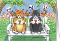 Cats Texting 21st Birthday (Bud & Tony) card