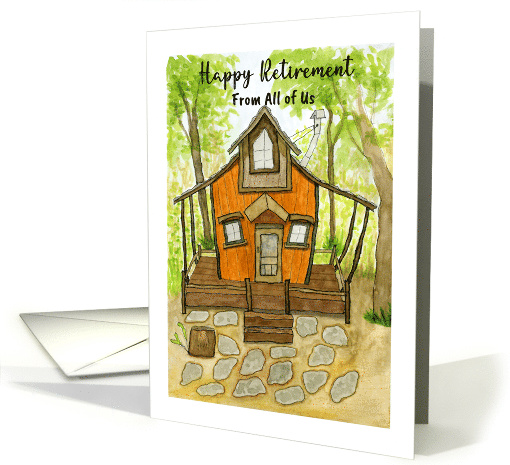 Happy Retirement From All of Us Cabin House Trees Art Watercolor card
