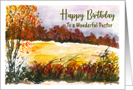 Happy Birthday Pastor Autumn Fall Trees Meadow Landscape Painting card