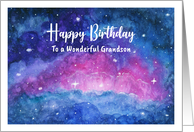 Happy Birthday Grandson Clouds Stars Outer Space Watercolor Painting card