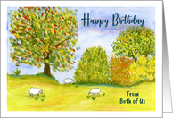 Happy Birthday From Couple Autumn Meadow Sheep Tree Landscape Painting card