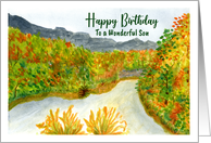 Happy Birthday Son Mountain Trees Autumn Fall Art Landscape Painting card