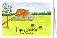 Happy Birthday From Couple Farmhouse Farm Sheep Landscape Painting card