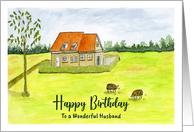 Happy Birthday Husband Farmhouse Farm Sheep Grazing Landscape Painting card