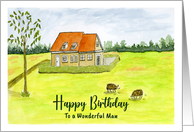 Happy Birthday For Him Farmhouse Farm Sheep Grazing Landscape Painting card