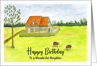Happy Birthday Neighbor Farmhouse Farm Sheep Grazing Trees Painting card