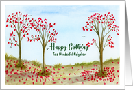 Happy Birthday Neighbor Autumn Red Trees Leaves Birds Sky Illustration card