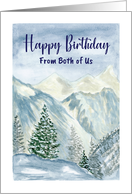 Happy Birthday From Couple Snow Mountains Trees Winter Illustration card