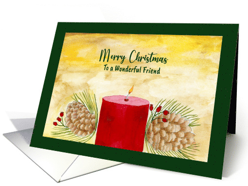 Merry Christmas Friend Red Candle Pine Cone Evergreen... (1810620)