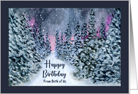 Happy Birthday From Couple Snow Forest Trees Winter Night Illustration card