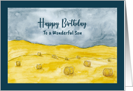 Happy Birthday Son Harvest Pasture Fields Hay Country Farm Painting card