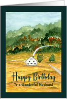 Happy Birthday Husband House Trees Landscape Mountain Art Illustration card