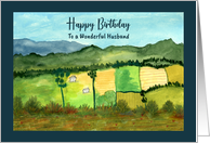 Happy Birthday Husband Houses Landscape Farm Mountains Illustration card