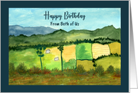 Happy Birthday From Couple Houses Landscape Farm Mountain Illustration card